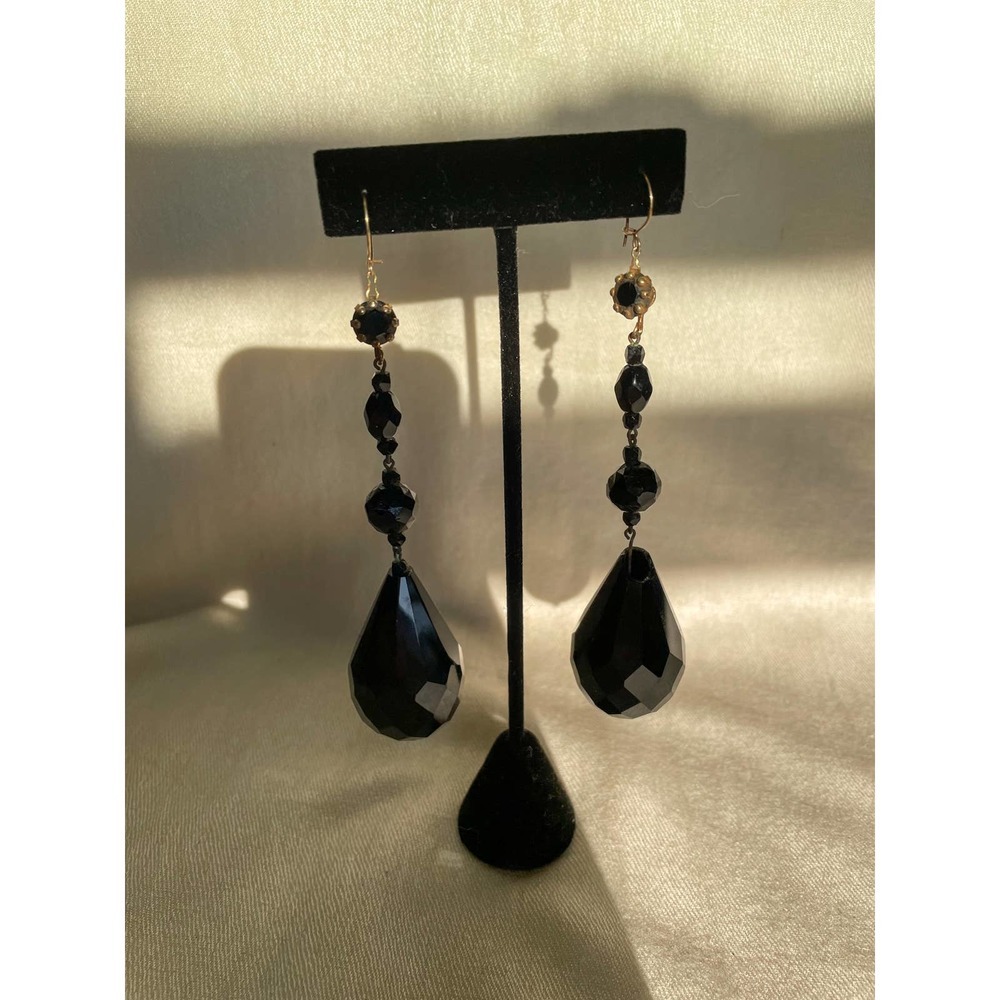 Vintage 1960s Black Beaded Statement Teardrop Dangle Earrings